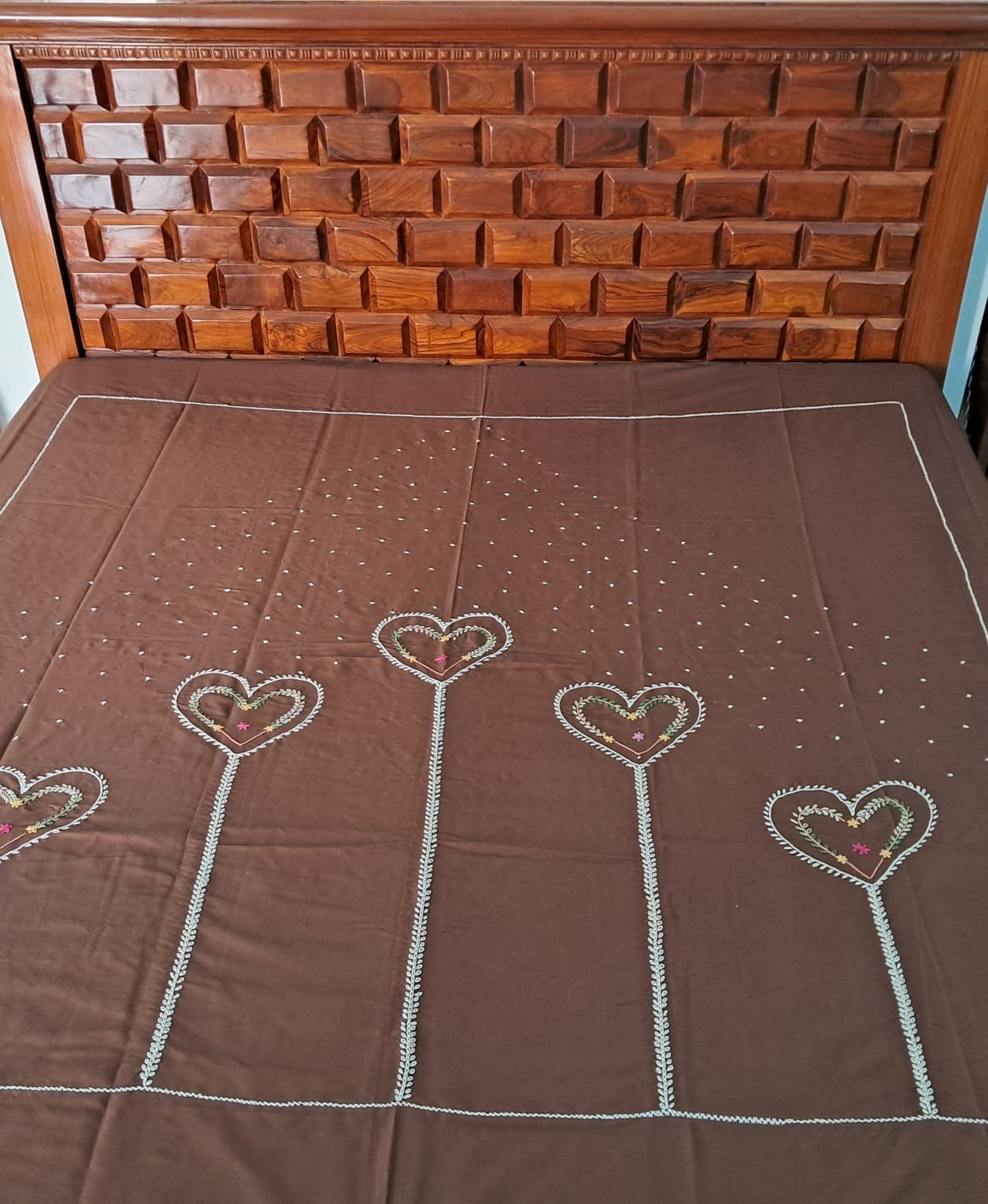Hand embroidered cotton bedsheet brown
