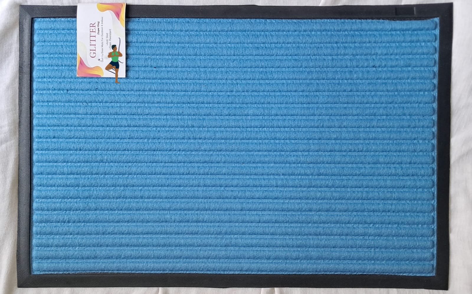 "Glitter Premium Blue Floor Mat with Striped Design – Anti-Slip Rubber Backing & Washable Dust Absorber Door Mat"