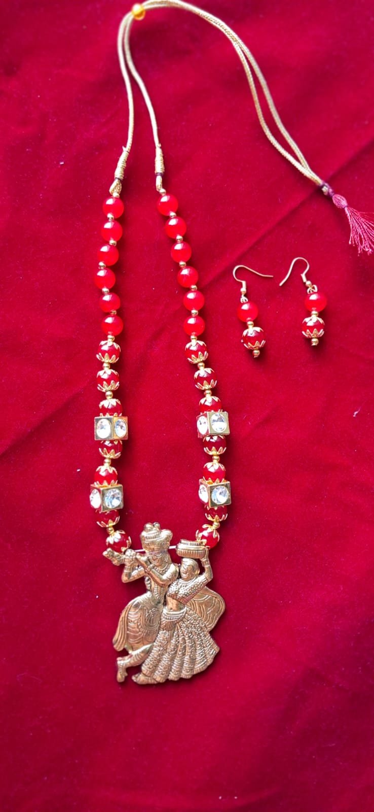 Red Beaded Radha Krishna Necklace Set with Earrings – Traditional Festive Jewelry