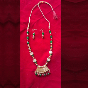 Traditional Multicolor Ethnic Necklace Set with Green and Red Beads and Golden Pendant