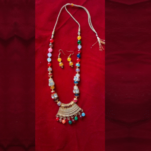 Colorful Handcrafted Ethnic Necklace Set with Multicolor Beads, Golden Pendant, and Matching Earrings