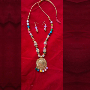 Handcrafted Multicolor Beaded Necklace Set with Round Antique Golden Pendant and Matching Earrings