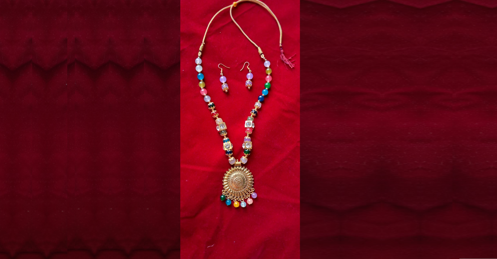 Handcrafted Multicolor Beaded Necklace Set with Round Antique Golden Pendant and Matching Earrings