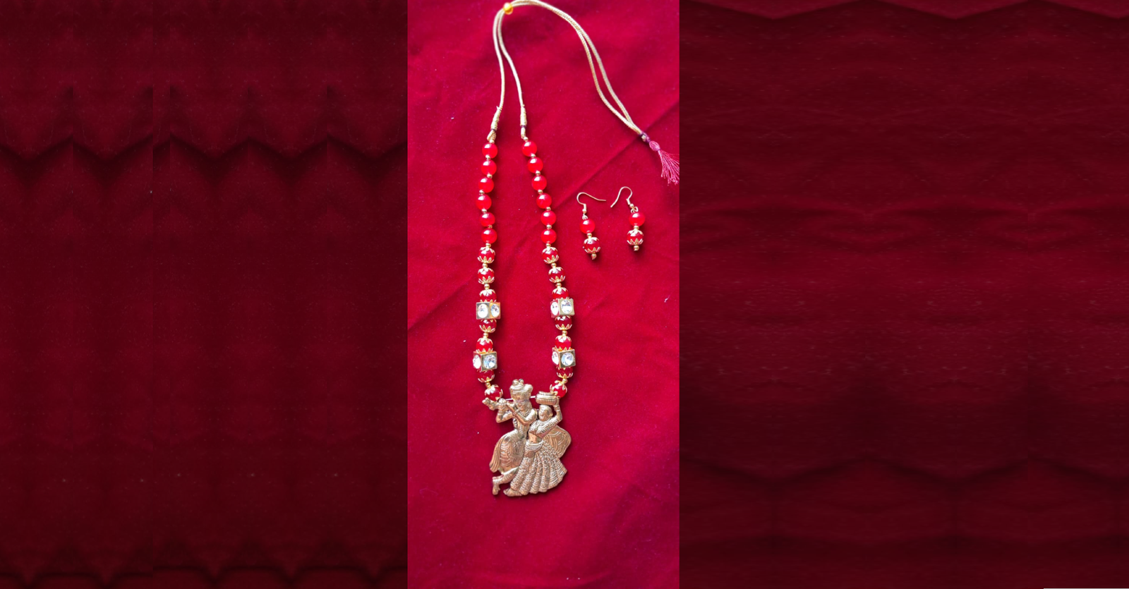 Handcrafted red beaded Radha Krishna necklace with matching earrings on red background – traditional Indian jewelry set