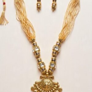 Ethnic Golden Beaded Necklace Set with Pearl Accents & Matching Earrings