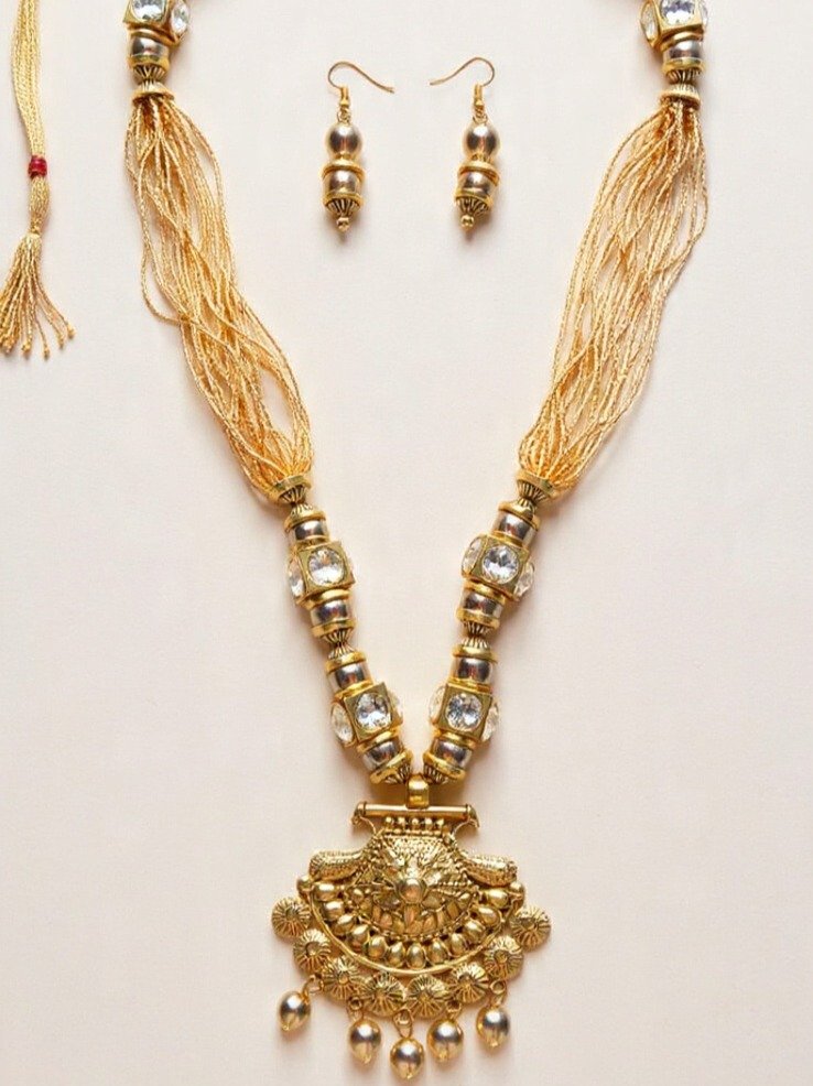 Ethnic Golden Beaded Necklace Set with Pearl Accents & Matching Earrings