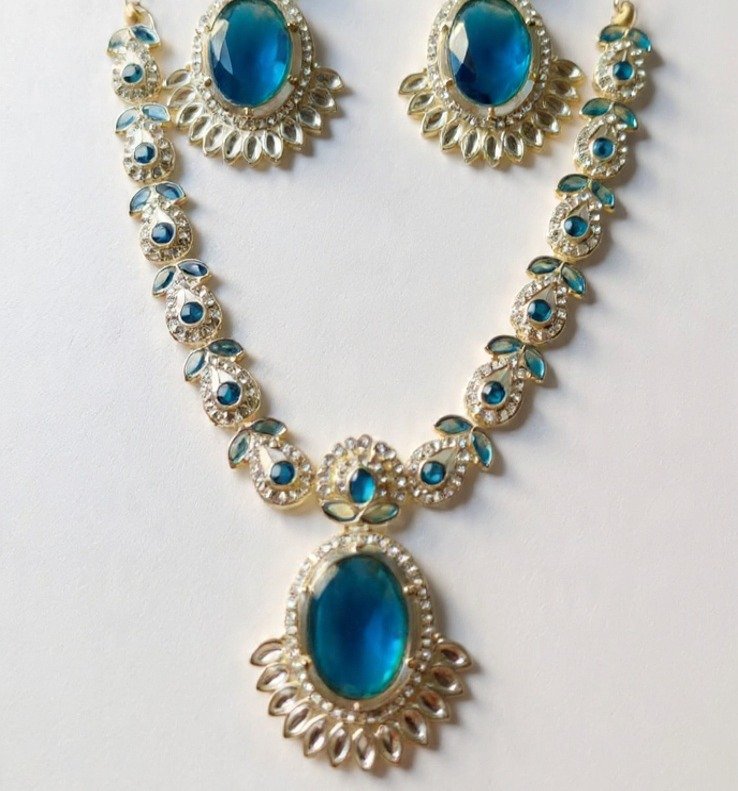 Elegant Blue Stone Necklace Set with Earrings – Traditional Artificial Jewelry for Women