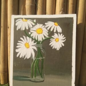Mat N More hand-painted daisy artwork – white daisies in glass vase on gray background, acrylic on canvas floral painting