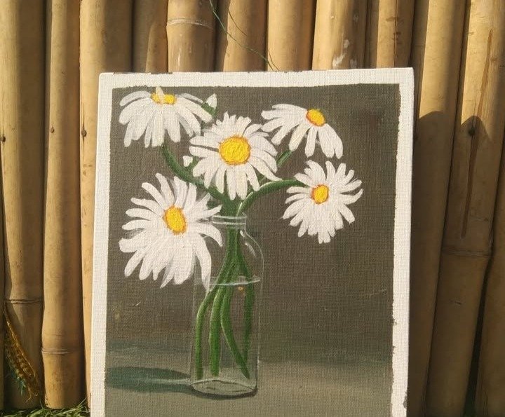 Mat N More hand-painted daisy artwork – white daisies in glass vase on gray background, acrylic on canvas floral painting