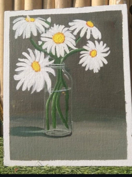 Mat N More hand-painted daisy artwork – white daisies in glass vase on gray background, acrylic on canvas floral painting