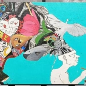 Mat N More abstract painting – surreal imaginative mind artwork with colorful flowing thoughts on turquoise background, acrylic on canvas