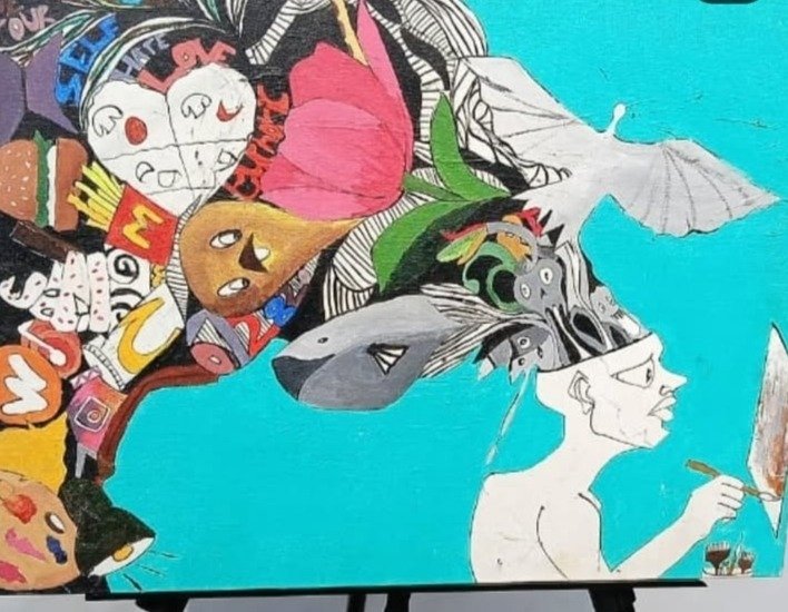 “Imaginative Mind” abstract painting by Mat N More – expressive acrylic artwork celebrating creativity and artistic thought.