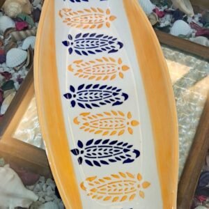 Set of 2 handcrafted ceramic serving platters with blue and mustard leaf pattern – MatNMore