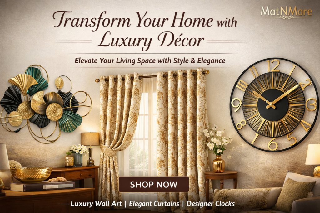 Luxury home décor banner featuring metal wall art, floral printed curtains, and designer wall clock in an elegant modern living room setting by MatNMore